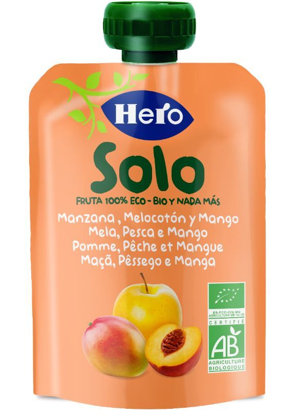 Tarritos Ecológicos Hero Solo De Manzana, Melocotón Y Plátano - Para Bebés Desde 4 Meses, Pack De 12 X 190 G, Sin Azúcares Añadidos