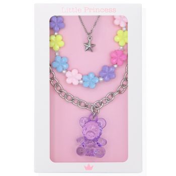 Little Princess Set Collares de Flores Multicolor y Cadenas de Estrellas y Oso Lila