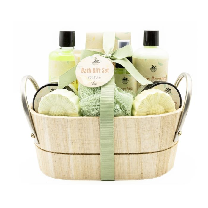 Conjunto de casa de banho com cesto de madeira olive com pegas