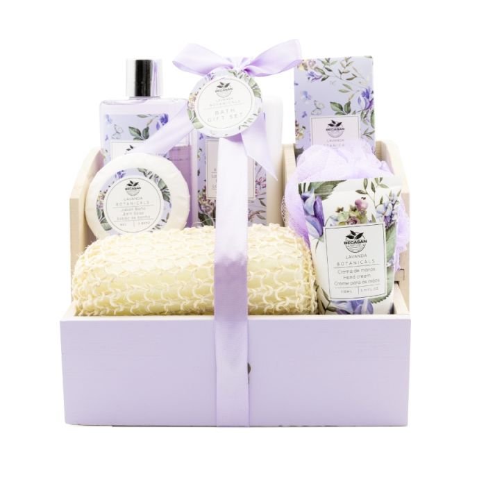 Cesto de banho de madeira com lavanda da Lavender Botanicals Set