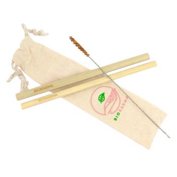 Set de 2 pailles de bambou, nettoyant et sac coton organique