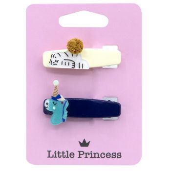 Conjunto Little Princess 2 Clips Unicornio Azul e Blanco